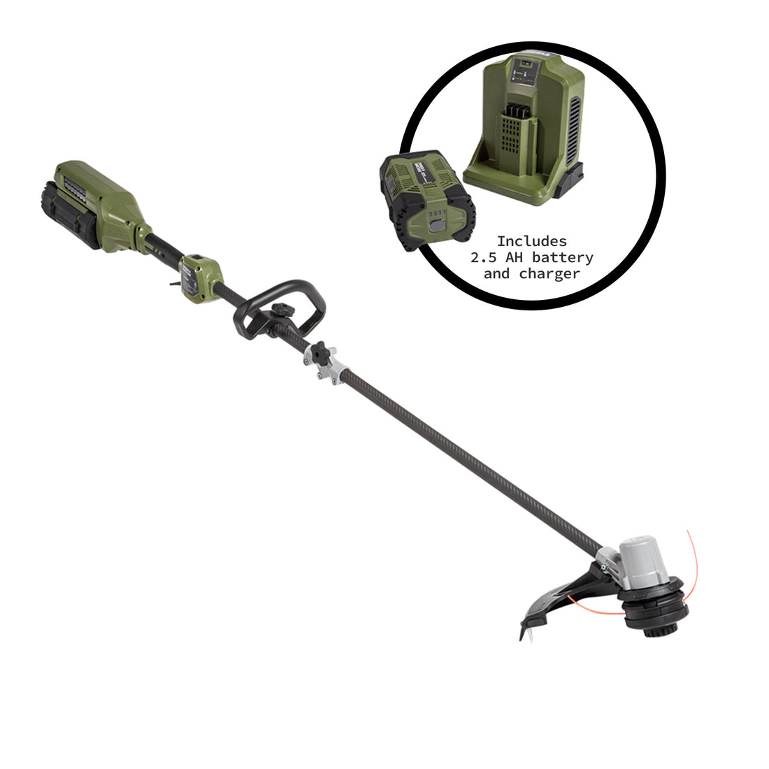 62V Cordless String Trimmer Carbon Fiber Shaft 16&quot; Cut Path with 2.5 Ah Battery and Charger
