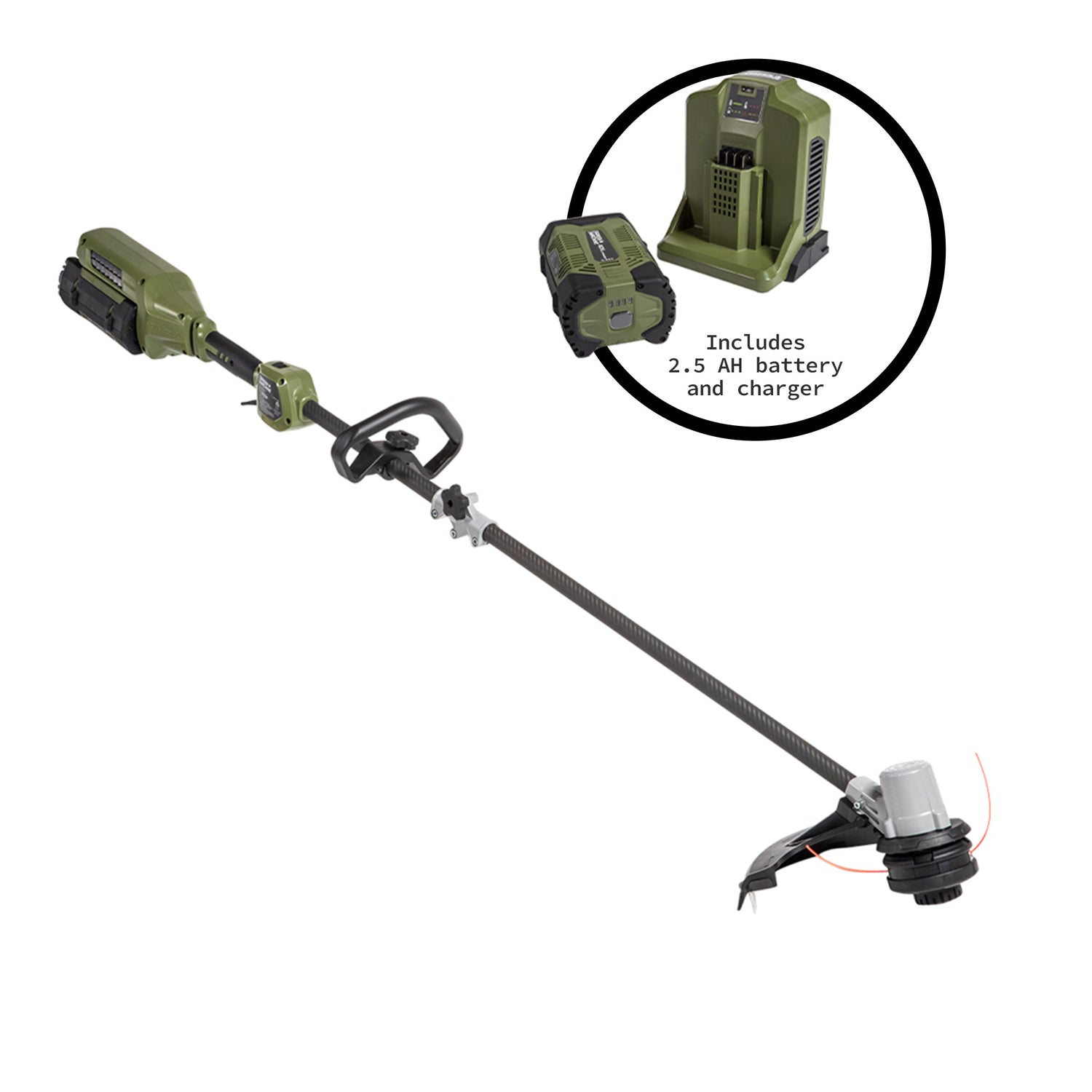 62V Cordless String Trimmer Carbon Fiber Shaft 16&quot; Cut Path with 2.5 Ah Battery and Charger