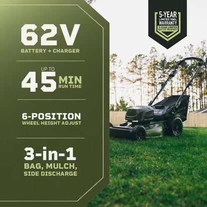 62V Cordless 23&quot; Push 3-in-1 High Wheel Walk Behind Mower with 4 Ah Battery and Charger