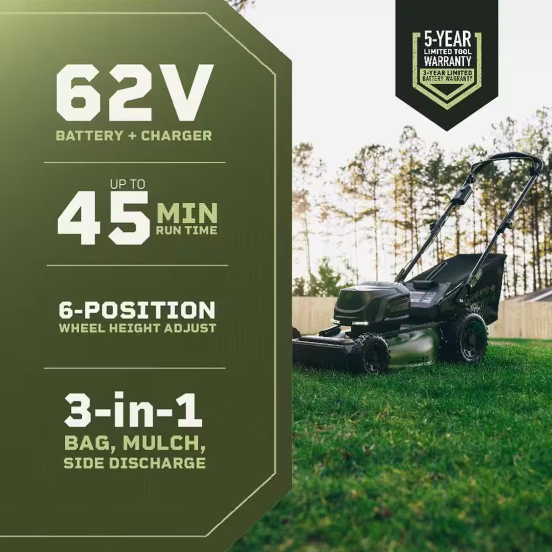 62V Cordless 23&quot; Push 3-in-1 High Wheel Walk Behind Mower with 4 Ah Battery and Charger