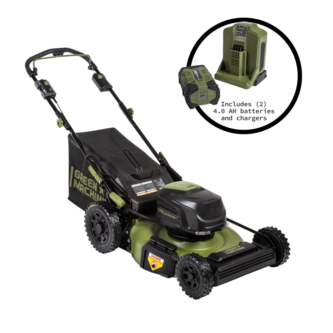 62V Cordless 23&quot; RWD Self-Propelled 3-in-1 High Wheel Walk Behind Mower with (2) 4 Ah Batteries and Charger