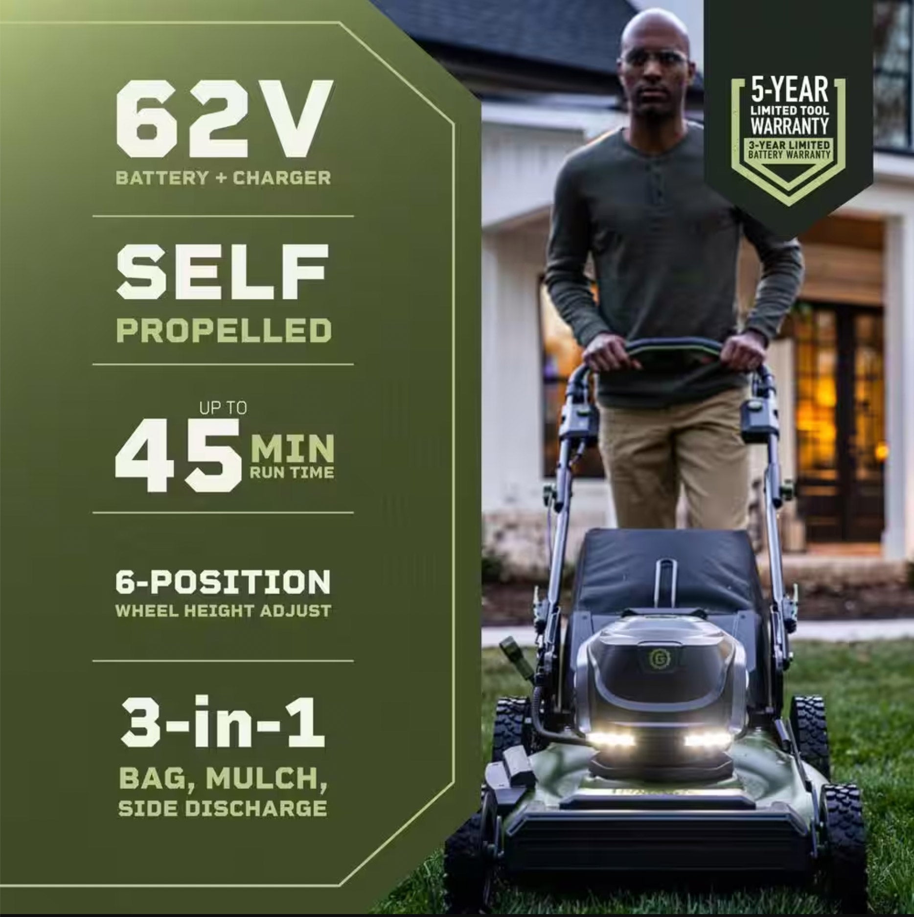 62V 23&quot; Self-Propelled Mower + Blower + Trimmer Bundle with (2) 4Ah Batteries and Charger