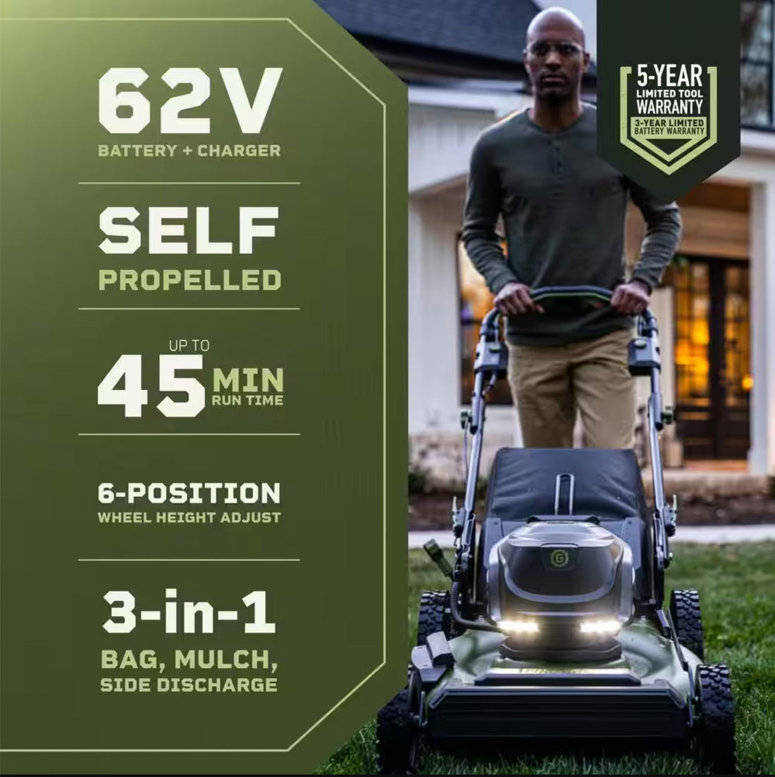 62V Cordless 23&quot; RWD Self-Propelled 3-in-1 High Wheel Walk Behind Mower with (2) 4 Ah Batteries and Charger