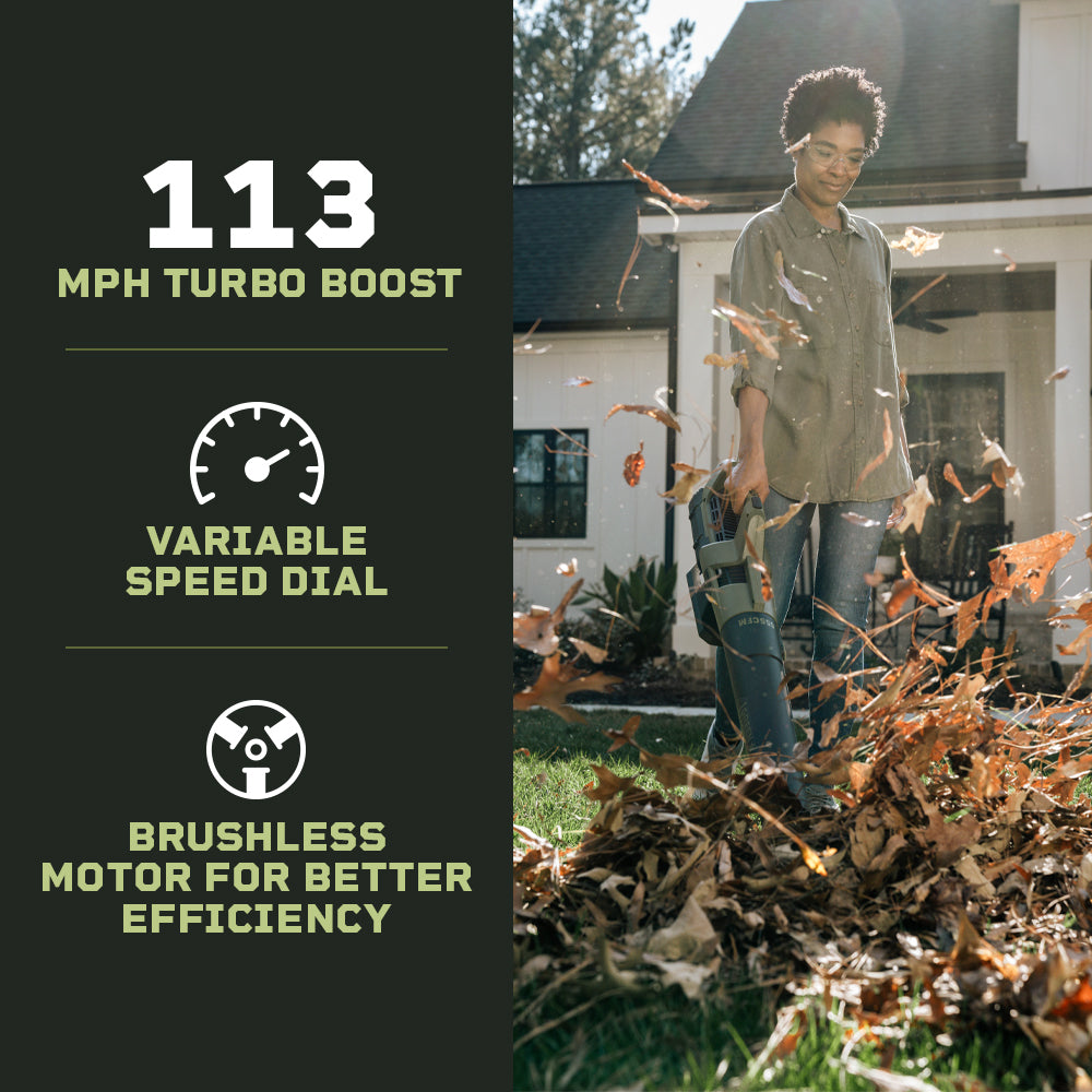 113 mph turbo boost. Variable speed dial. Brushless motor for better efficiency.