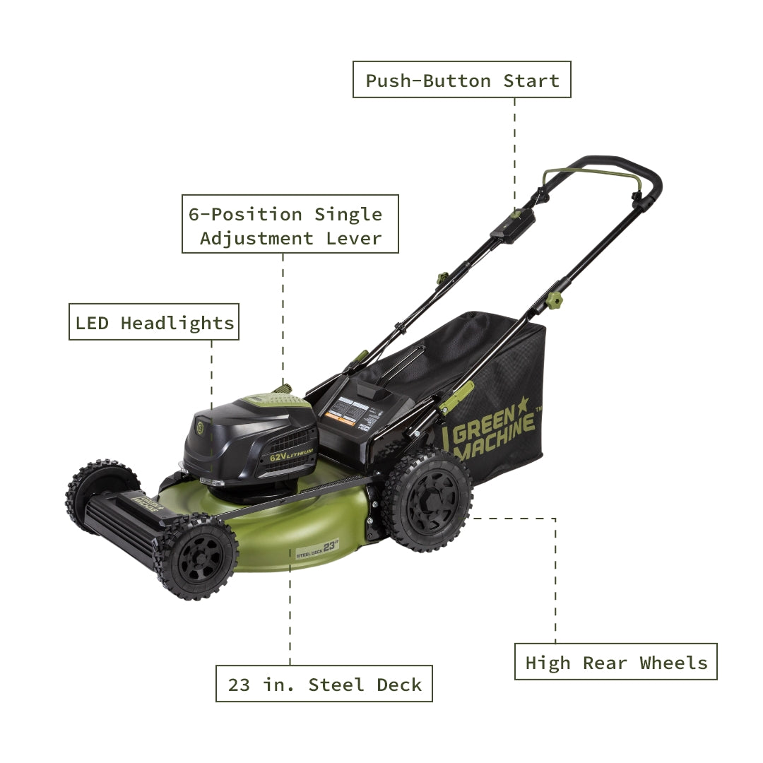 LED headlights, 6-position single adjustment lever, push-button start, 23 inch steel deck, and high rear wheels.