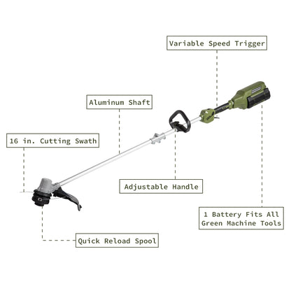 16 inch cutting swath, aluminum shaft, variable speed trigger, quick reload spool, adjustable handle, and 1 battery fits all Green Machine tools.